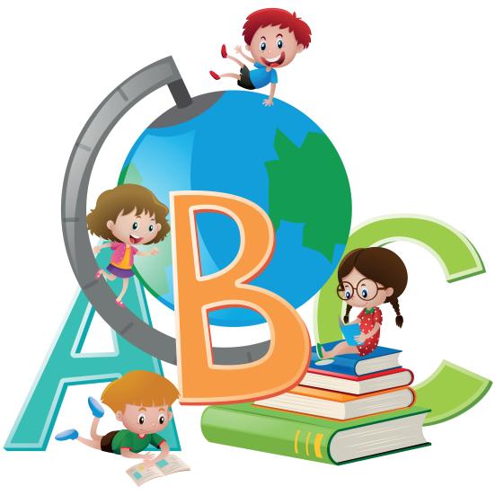 Tegning af børn, der læser og leger